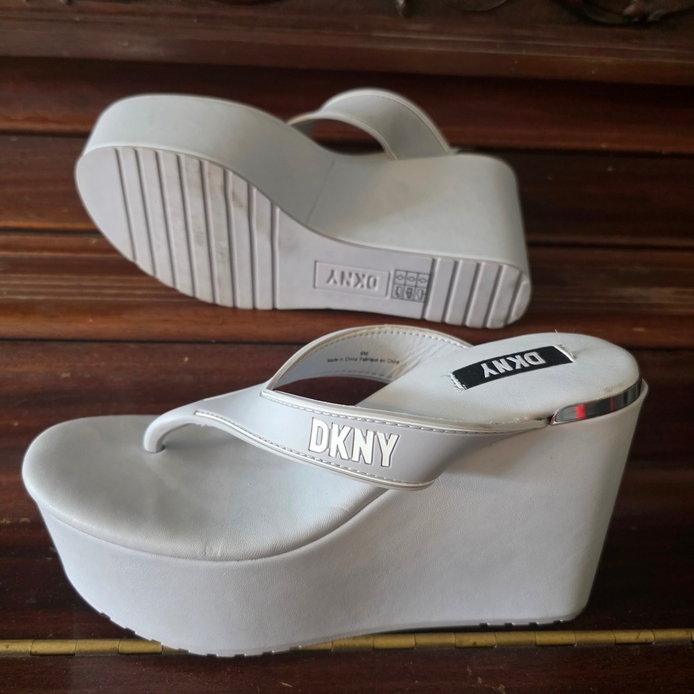 DKNY White Platform Wedge Flip Flops